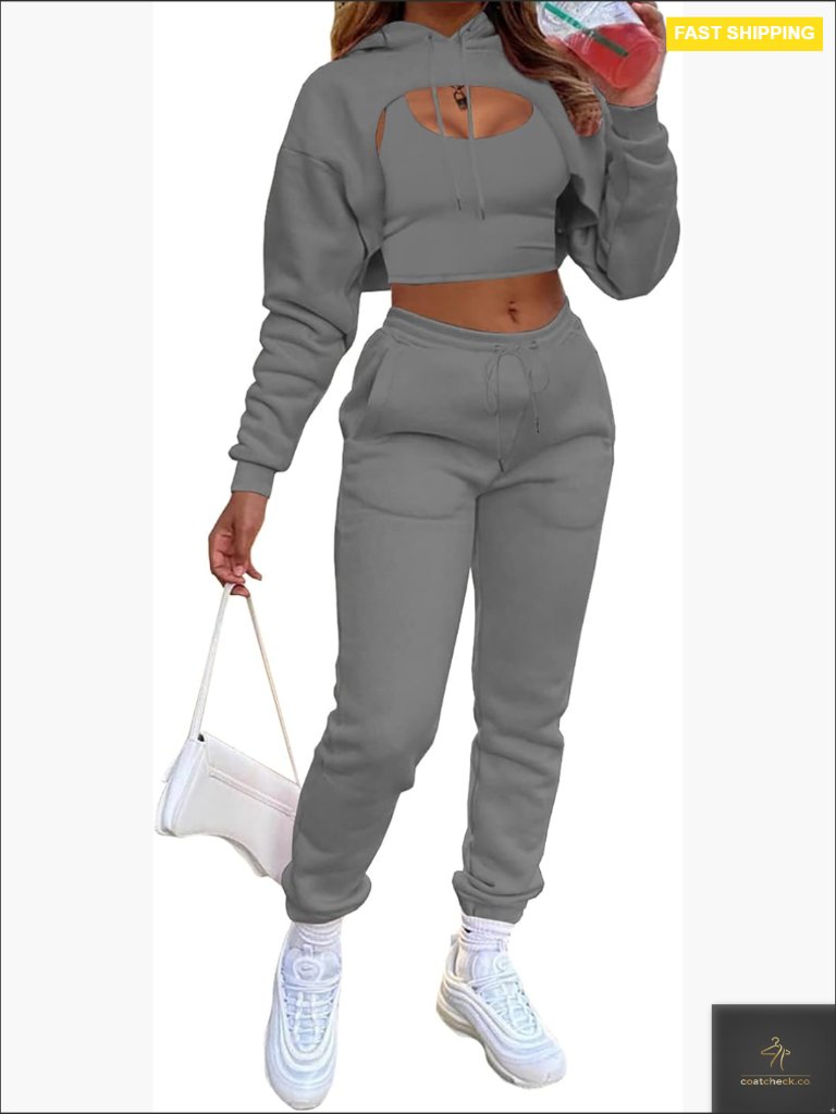 Sexy 3 Piece Tracksuit - Long Sleeve Crop Top Hoodie + Tank Top + Drawstring